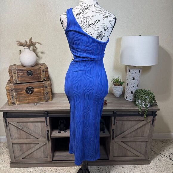 Hello Molly Fearlessly Hot Ribbed Midi Dress Blue Size 4 Cut out One Shoulder - Picture 5 of 7